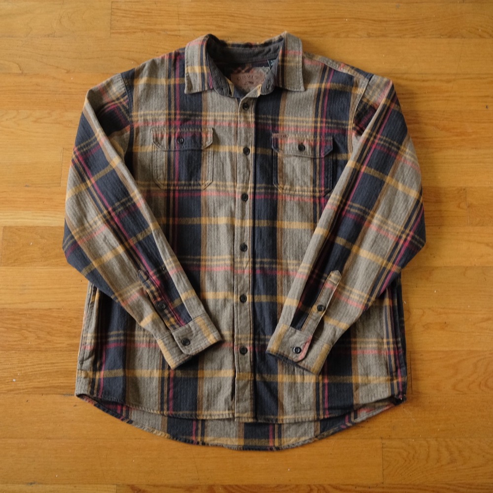 Orvis Flannel Shirt Men XL Brown Plaid Herringbone Outdoor XL Button Up